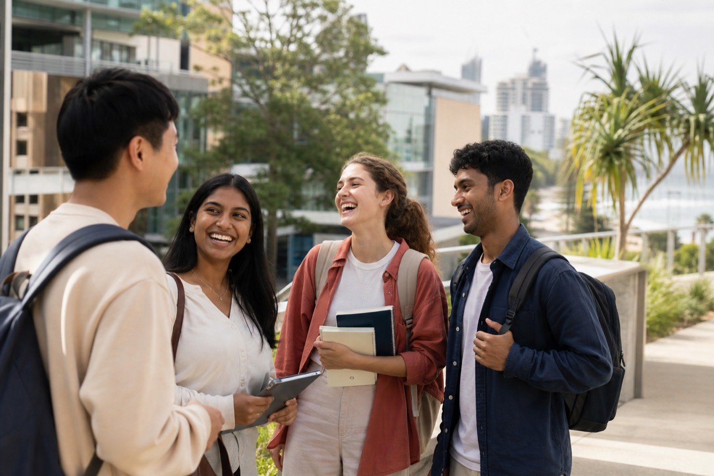 Estudantes internacionais conversando no campus